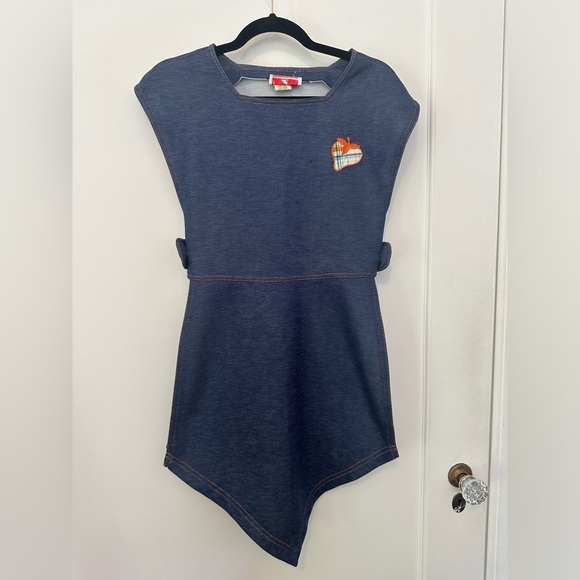 VINTAGE 3-pc 60s/70s denim/plaid print skirt/shirt/tunic set w/apple motif (S) - Picture 6 of 16